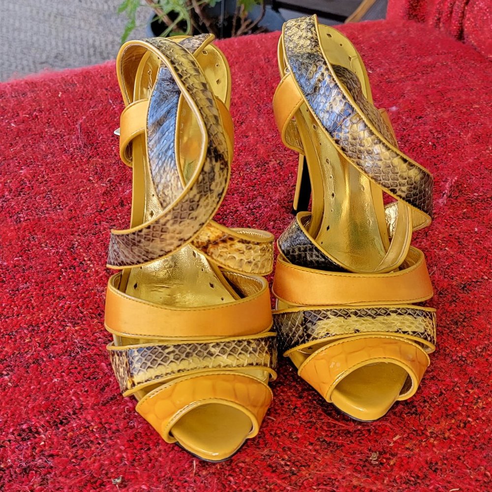 BCBG Yellow Leather, satin, & snake style wrap heels